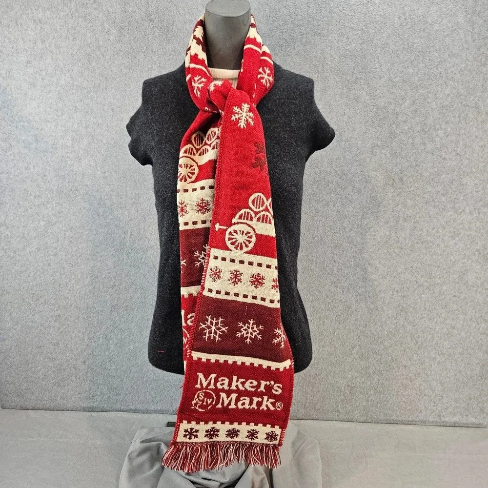 Makers Mark Bourbon Whiskey Holiday Scarf Red White Snowflake Knit Fringe Logo